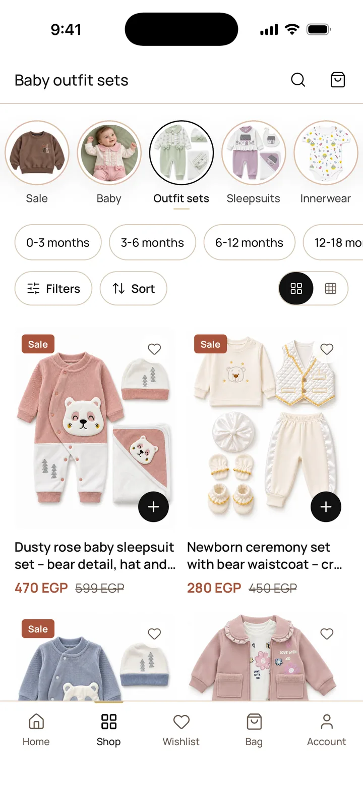 Baby outfit sets, shopped by age