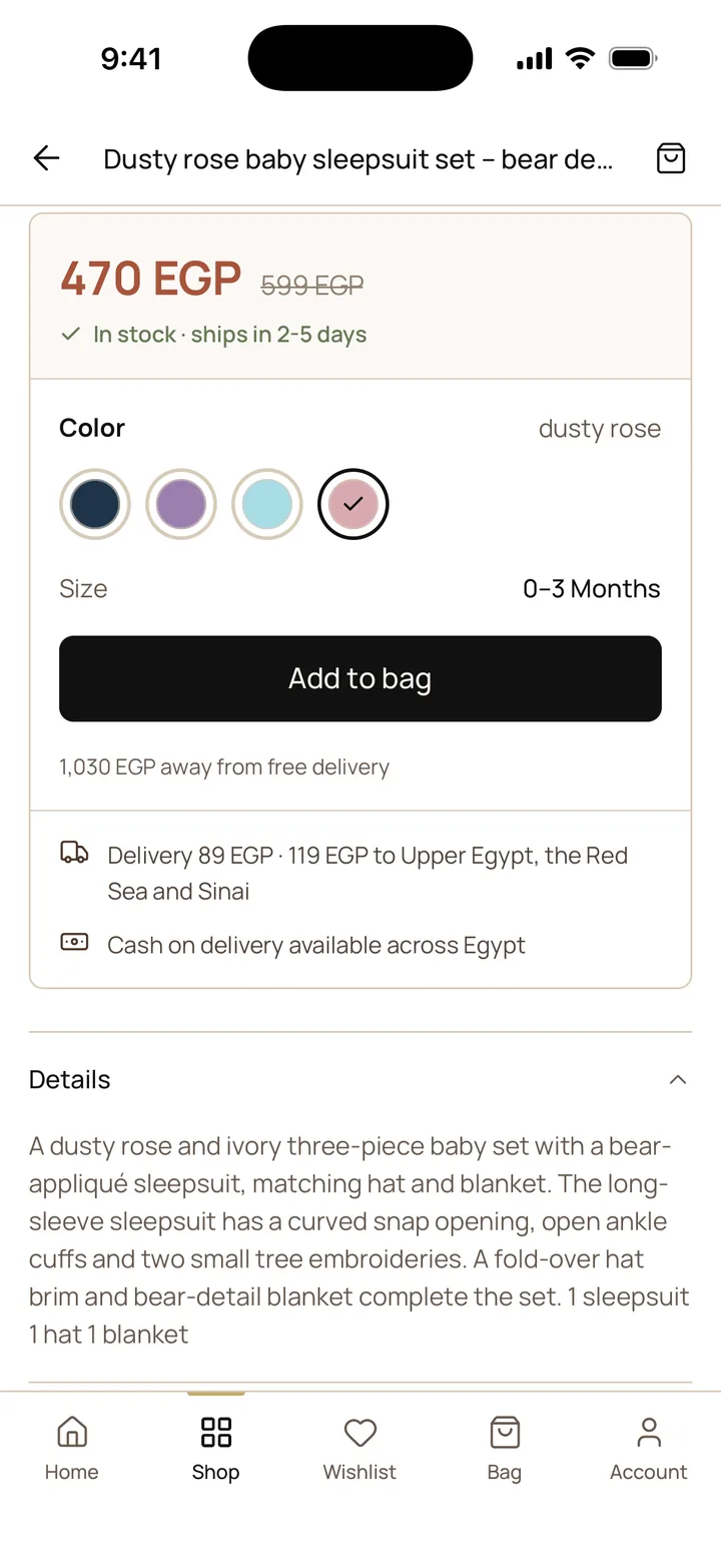 A product page with its size, delivery fee and Add to bag